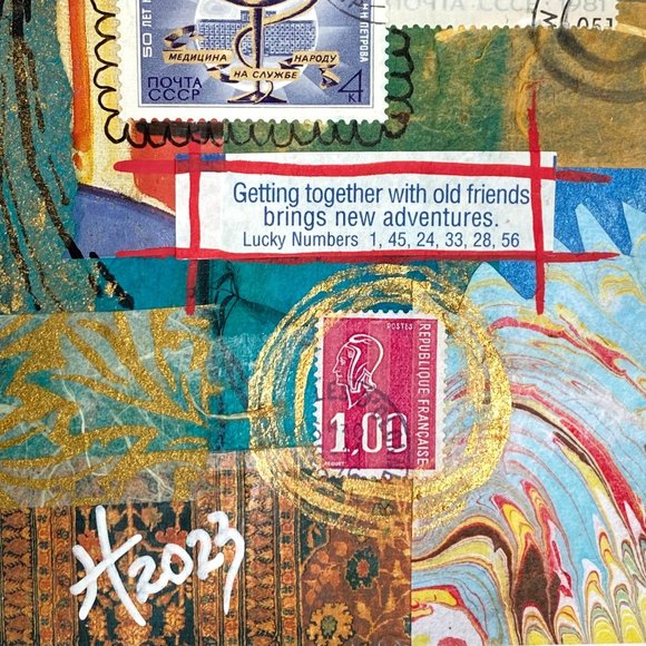 Getting Together Blank Greeting Card Original Handmade Collage Artwork Signed - Picture 3 of 6